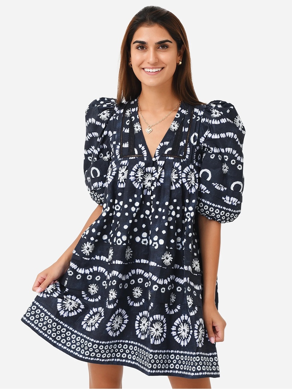 HUNTER BELL Navy & White Puff-Sleeve Tie-Dye Mini Dress